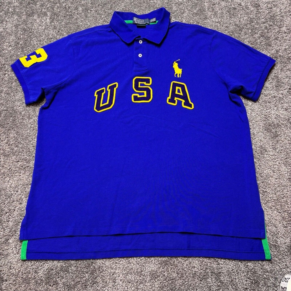 Polo Ralph Lauren Varsity Spellout USA VTG Polo Shirt Men 2XL Blue Big Pony Golf